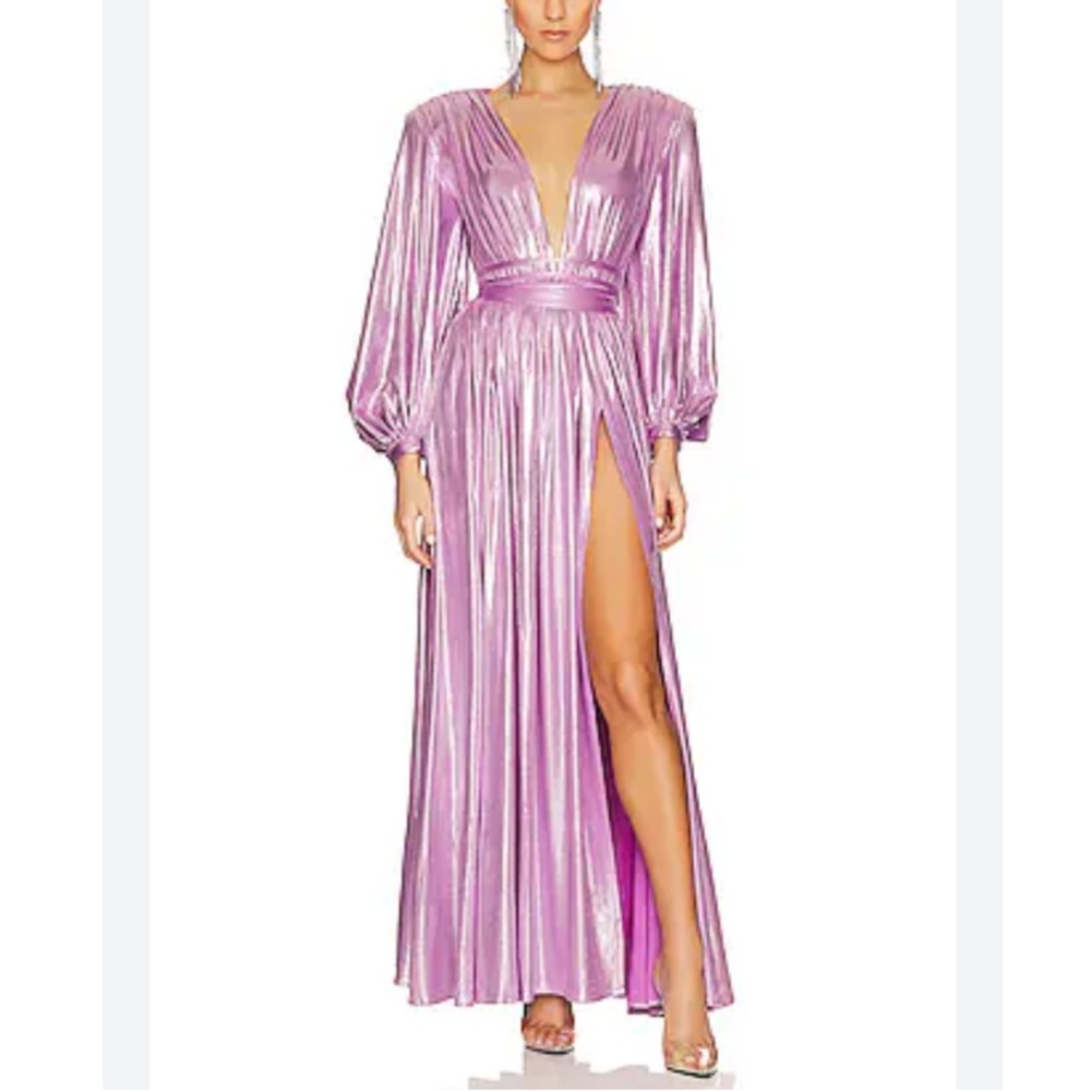 BRONX and BANCO Lavender Metallic Shimmer Long Sleeve Maxi Dress Gown Slit 2 - Picture 11 of 11